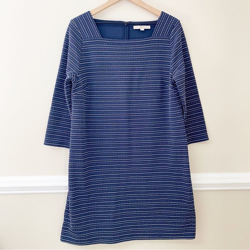 LOFT 3/4 Sleeve Navy Blue Pin Dot Stripe Midi Sheath Dress - LT
